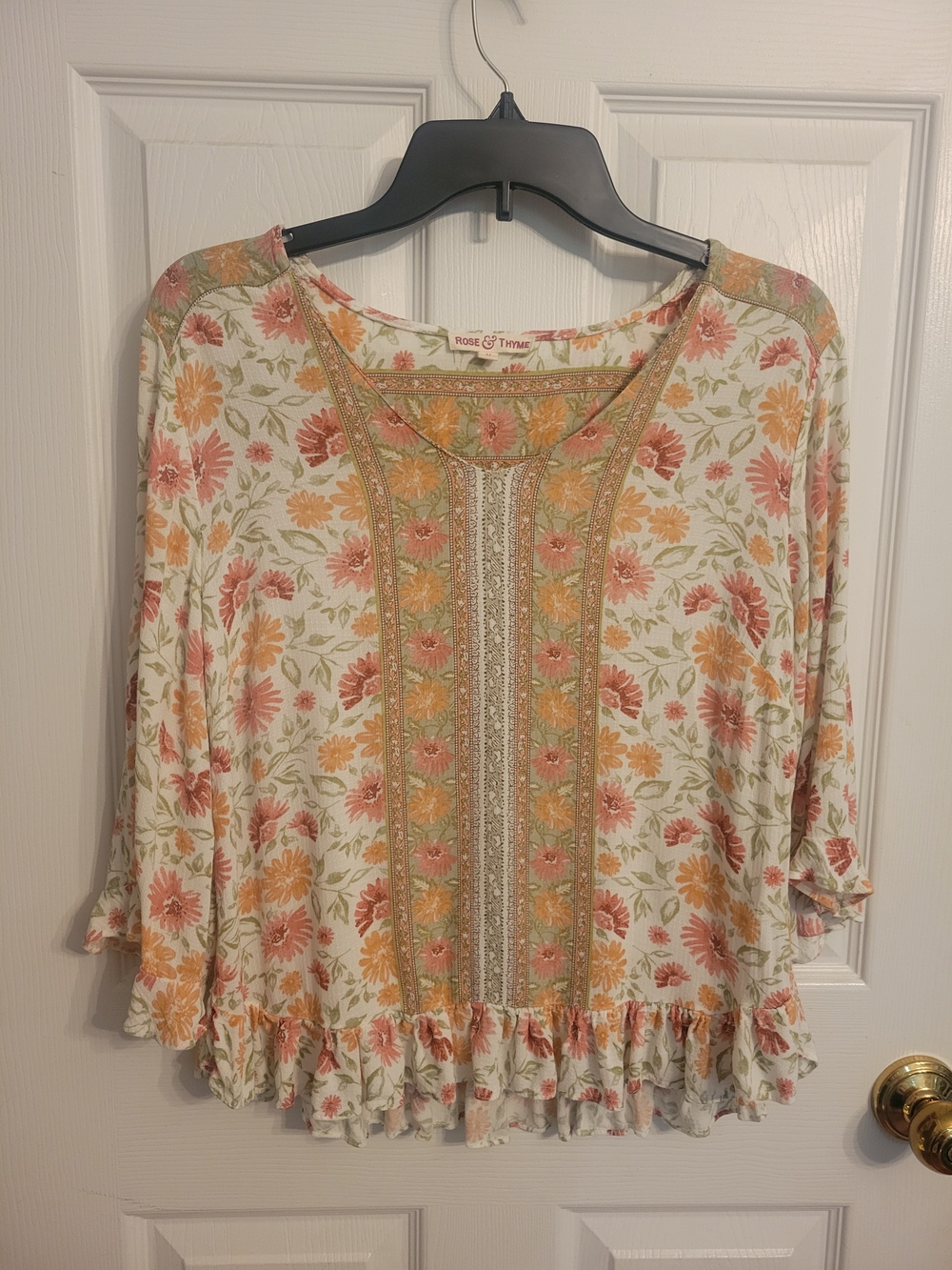 Rose & Thyme Floral Ruffle-Hem Blouse in Cream, Pink & Mustard